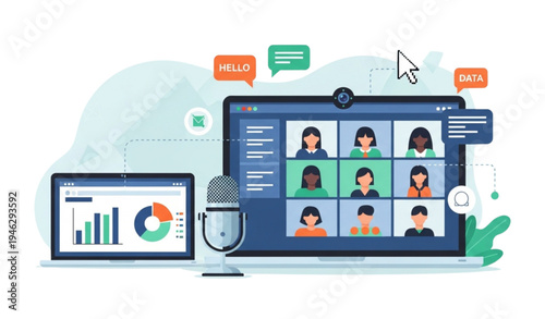 A vector graphic illustration of a remote video conference meeting on a laptop and tablet