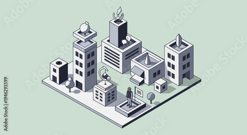 Isometric Cityscape with Modern Buildings and Urban Elements.