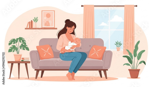 A woman sits on a couch in a living room holding a baby