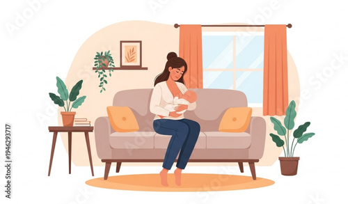 A mother breastfeeding her baby on a couch in a cozy living room