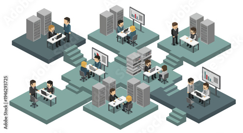 Isometric office environment with people working at desks.