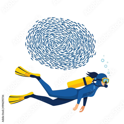 Scuba Diver Swimming Near Swirling School of Fish Underwater