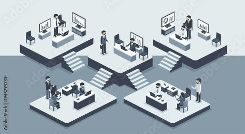Isometric Office Spaces with People Working at Desks and Computers.