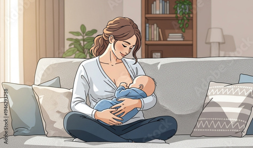A mother breastfeeding her baby on a comfortable couch in a cozy living room