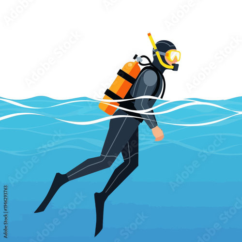 Scuba diver swimming underwater in blue ocean water wearing wetsuit and oxygen tank