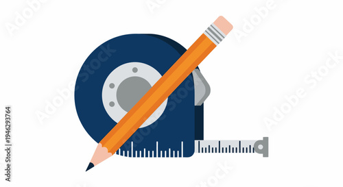 Flat Vector Illustration of a Blue Tape Measure and Graphite Pencil Isolated on White Background for Construction, DIY Project Planning, Architecture, and Design.