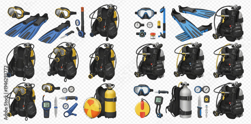 Set of Scuba Diving Equipment and Accessories for Underwater Exploration and Water Sports.