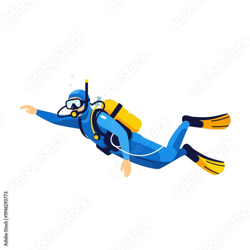 Scuba diver swimming underwater in blue wetsuit with yellow tank and fins