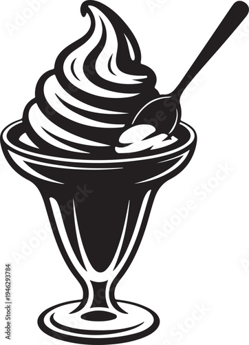 Black and white of ice cream sundae with spoon dessert