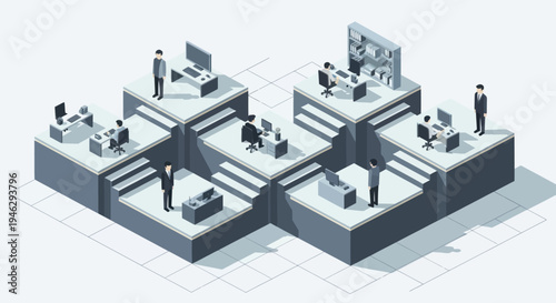 Isometric view of a modern office environment with multiple levels and working professionals.