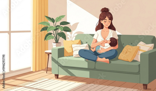A mother breastfeeding her baby on a couch in a cozy living room