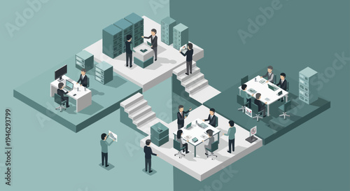 Isometric view of a modern office environment with business people working.