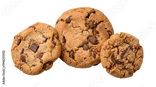 Valokuva A delicious trio of freshly baked chocolate chip cookies, rich in flavor and texture, isolated on a transparent