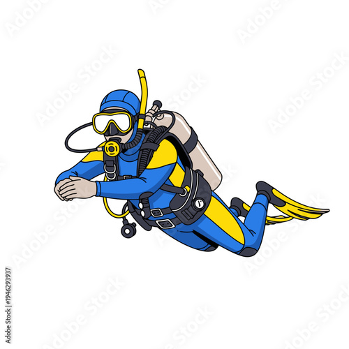 Scuba diver swimming underwater with blue and yellow suit and equipment