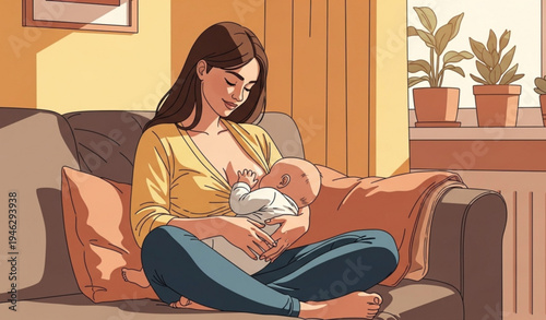 A mother breastfeeding her baby on a couch in a cozy living room