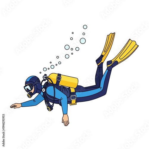 Scuba diver swimming underwater with bubbles and yellow tank