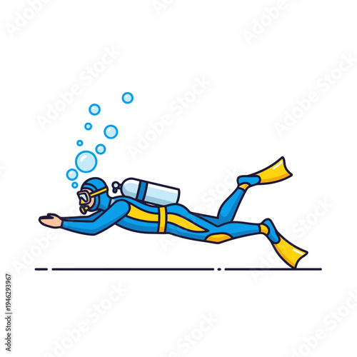 Scuba diver swimming underwater with bubbles, blue and yellow suit, diving equipment