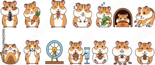Cute Hamster Character Set Featuring Hamsters Eating Carrot, Sleeping, Running on Wheel, Drinking Water, and Playing for Pet Animal Cartoon Illustration.
