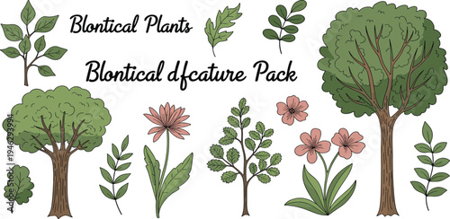 Diverse Hand-Drawn Botanical Illustration Set Featuring a Variety of Green Plants, Lush Trees, Delicate Leaves, and Blooming Flowers, Perfect for Nature-Inspired Design
