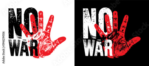 No War Protest Symbol with Red Handprint and Peace Dove