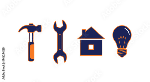 Home Improvement and Repair Icon Set with Hammer, Wrench, House, and Light Bulb for Construction, DIY, and Handyman Services