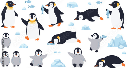 Cute Penguin Character Set Featuring Adult and Baby Penguins Playing, Walking, Eating Fish, and Resting on Ice for Arctic Wildlife Illustration.
