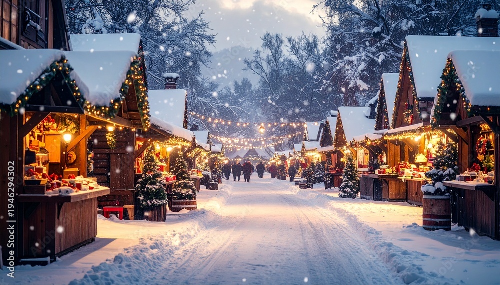 Naklejka premium Snowy Christmas Market Scene with Stalls and Lights.