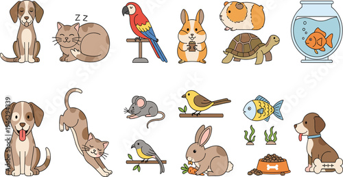 Cute Pet Animals Illustration Set Featuring Dog, Cat, Parrot, Rabbit, Turtle, Guinea Pig, Fish, Mouse, and Bird for Domestic Animal Design.