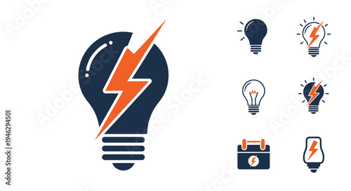Light Bulb with Lightning Bolt Icon Set - Creative Energy and Innovation Symbols for Technology, Power, and Electrical Solutions