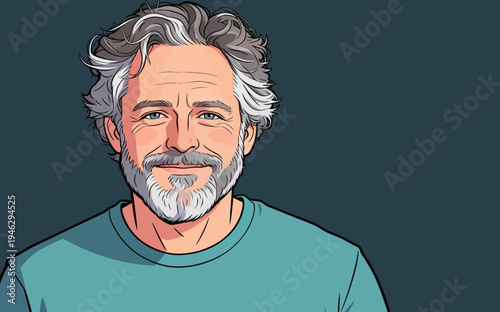 A man with gray hair smiles while wearing a blue shirt. The background is dark and simple, focusing on his face.