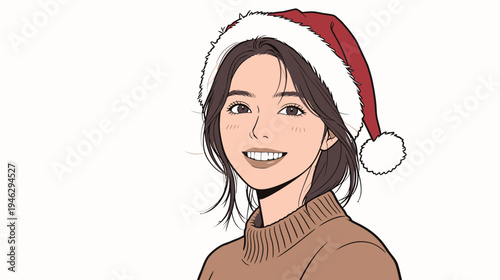 A woman with long hair is smiling while wearing a Santa hat. She is dressed in a sweater, showing a festive spirit.