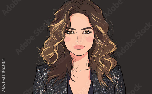 A woman with long wavy hair and a blazer stands against a dark background. She looks directly at the viewer with a neutral expression.