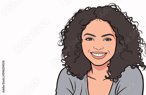 A woman with curly hair smiles while wearing a gray shirt and is set against a plain background. Her expression shows happiness.
