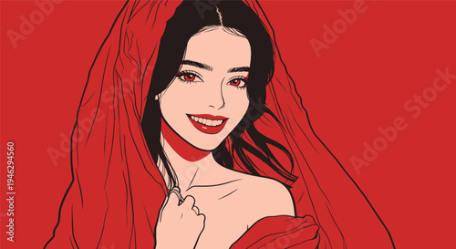 A woman smiles while draped in a red scarf. The background is bright red, highlighting her features and expression.