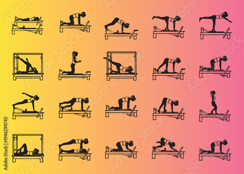 Collection of pilates exercises with reformer machine illustrations