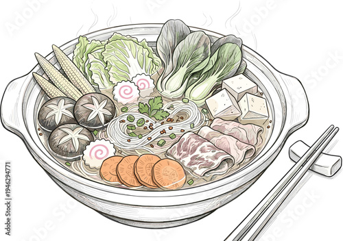 Delicious and healthy Japanese hot pot dish with fresh ingredients including meat vegetables and mushrooms presented in a traditional pot