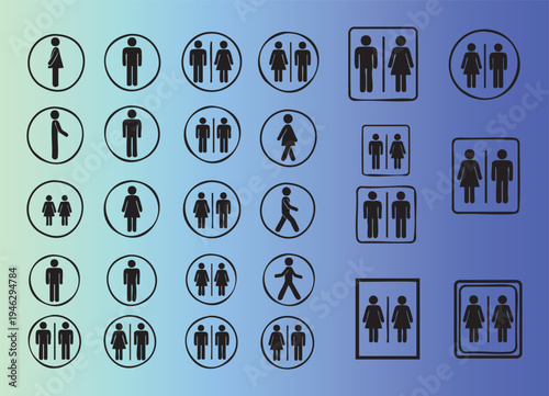 Collection of restroom and elevator sign icons in various styles