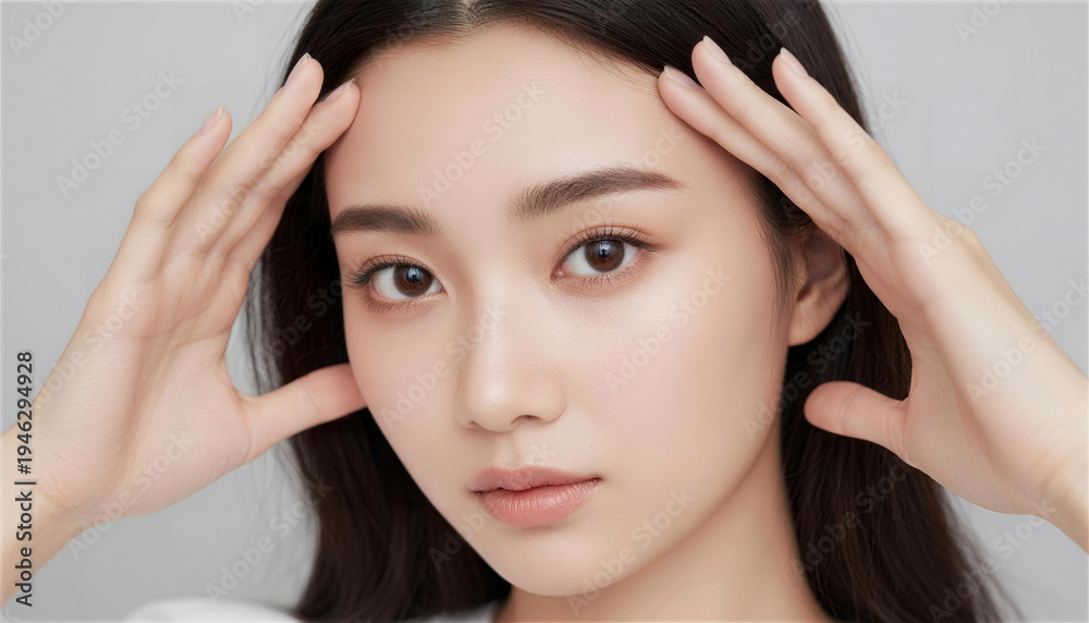 Fototapeta premium 両手を広げて額に添える微笑む若い女性のポートレート
