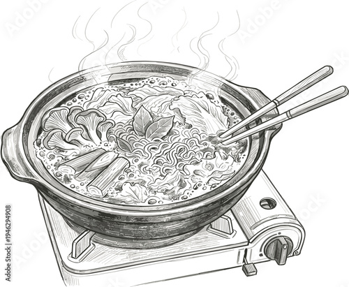 Hearty and delicious Asian hot pot bubbling on a portable stove, filled with steaming noodles and fresh vegetables, offering a comforting meal experience