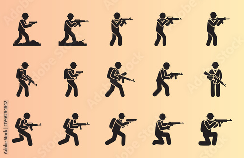 Collection of soldiers with rifles in various poses and stances vector icons