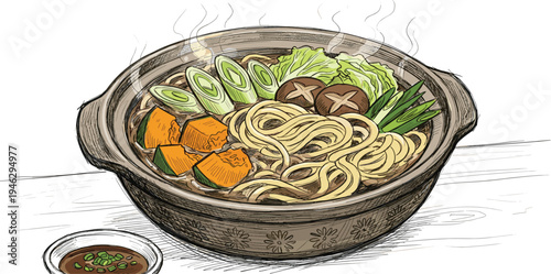 Warm and comforting illustration of a traditional Japanese hot pot, featuring savory noodles, fresh pumpkin, mushrooms, and green vegetables, perfect for a cozy and healthy meal