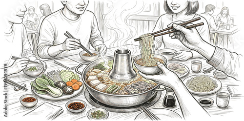 A Handful of Noodles Being Served into a Hot Pot Meal with Friends and Family Enjoying a Delicious Dinner Gathering