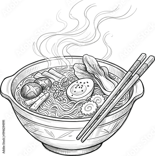 Hand-drawn illustration of a steaming bowl of traditional Japanese ramen noodles with various toppings and chopsticks, capturing the essence of a warm and satisfying meal
