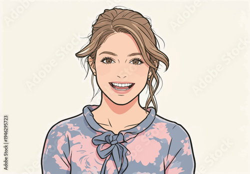 A woman smiles while looking directly at the viewer. She wears a colorful top with a bow. The background is light and simple.