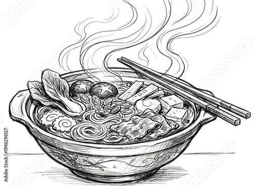 Steaming Asian hot pot or ramen noodle soup. A comforting bowl with fresh vegetables, mushrooms, and savory ingredients, served with chopsticks, hand-drawn artwork