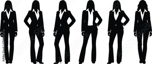 Set of professional business woman silhouettes wearing formal suits and blazers in various standing poses isolated on white background for corporate