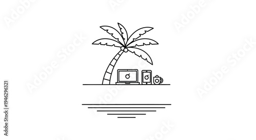 Digital Nomad Remote Work Concept Icon Minimalist Line Art of Laptop and Smartphone under Palm Tree on Beach