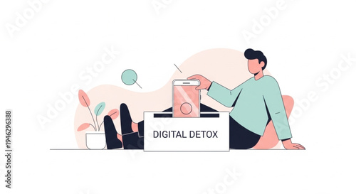 Woman disconnecting from smartphone for digital detox, minimal flat design vector about technology addiction recovery and healthy offline lifestyle