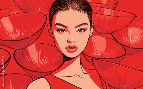 A woman poses with red bowls behind her, showcasing a striking art style that draws attention and evokes creativity.