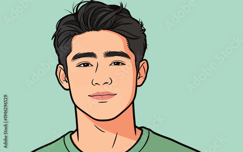 A young man looks directly at the viewer with a friendly expression. He has short hair and is wearing a green shirt.